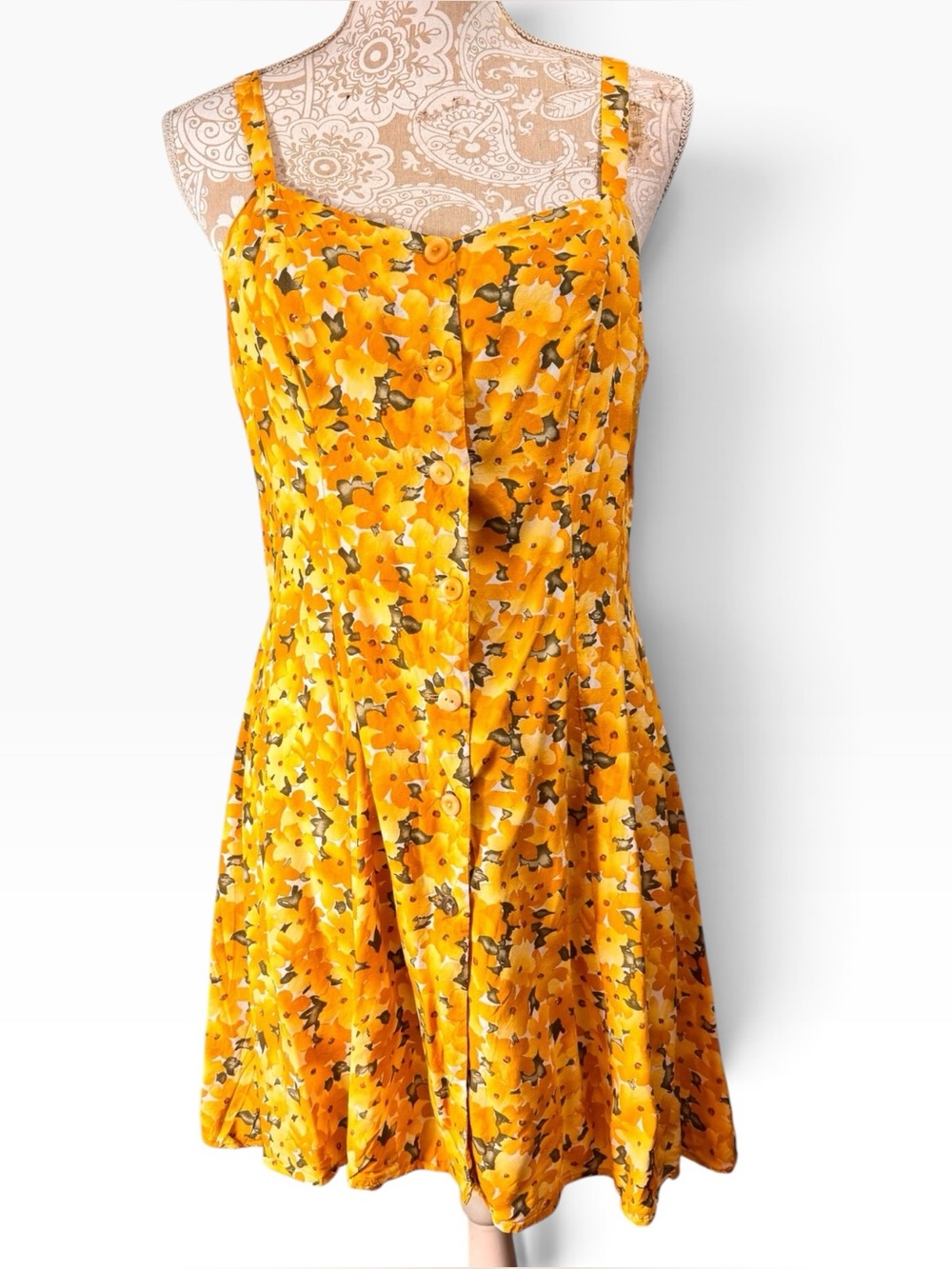 Vintage 90s The Limited Size Medium Rayon Floral Yellow Mini Dress Button Front